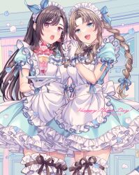 2girls aerith_gainsborough apron black_hair bow_in_hair braided_ponytail breasts brown_hair female female_only final_fantasy final_fantasy_vii food fork gloves green_eyes holding_fork holding_plate large_breasts long_hair looking_at_viewer lyric_(hina9111) maid maid_apron maid_day maid_headdress maid_uniform plate ponytail red_eyes strawberry sundae thighhighs tifa_lockhart