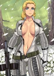 blonde_hair blue_eyes bodysuit breasts collarbone female holding holding_weapon large_breasts looking_at_viewer mature_female metal_gear metal_gear_solid metal_gear_solid_3 navel open_clothes redjet scar solo the_boss weapon