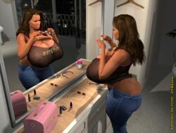 3d 3darlings 3dbabes 3rd-art ass_cleavage brushing_hair butt_crack dark-skinned_female dark_skin huge_ass huge_breasts jeans long_hair makeup mirror sarah_(3rd-art)