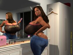 3d 3darlings 3dbabes 3rd-art ass_cleavage brushing_hair butt_crack dark-skinned_female dark_skin huge_ass huge_breasts long_hair makeup mirror sarah_(3rd-art)