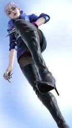 3d black_boots bofet_boots boots daz3d daz_studio dominant evelynn finger_claws high_heel_boots k/da_all_out_series k/da_evelynn k/da_series league_of_legends leather leather_boots leather_jacket leather_skirt looking_at_viewer makeup skirt staredown step_pose succubus thigh_boots trampling