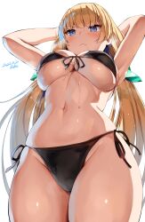 1girls angela_balzac armpits arms_up artist_signature belko bikini black_bikini blonde_hair blue_eyes blush breasts expelled_from_paradise eyebrows_visible_through_hair female hips huge_breasts large_breasts light-skinned_female light_skin low-angle_view simple_background slim_waist thick_thighs thighs twintails wide_hips