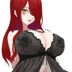 1girls big_breasts big_lips breast_focus breasts cleavage female female_only hair hair_over_one_eye huge_breasts lace lace-trimmed_bra lace_trim lingerie lips long_hair nightgown parasoul red_hair skullgirls solo solo_female thick_lips topwear uchujin_desuuu upside_down_cross yellow_eyes