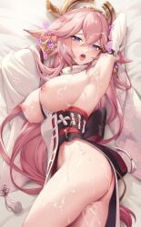 absurd_res armpits arms_up ass breasts cum cum_on_body cum_on_hair cum_on_lower_body genshin_impact gomashio_ponz heart heart-shaped_pupils highres large_breasts nipples non-web_source open_mouth pink_hair symbol-shaped_pupils tongue tongue_out very_long_hair yae_miko