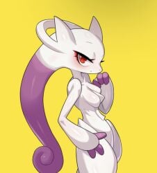 blush blushing_at_viewer curvy curvy_female curvy_figure drunkoak female head_tail long_eyelashes mega_mewtwo_y mewtwo nintendo pokemon pokemon_(species) red_eyeliner red_eyes shading thick thick_thighs yellow_background