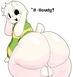 1boy 2d anthro anthro_only asriel_dreemurr ass ass_focus backsack balls big_ass big_butt black_eyes blush bottom_heavy bottomless butt clothed clothing color cub dat_ass dialogue english english_text fat_ass femboy fur furry furry_only girly horn huge_ass large_ass looking_at_viewer looking_back male male_only mob_face mochikirb open_mouth open_smile presenting presenting_hindquarters shirt simple_background smile solo solo_male sweater tail text thick_thighs undertale undertale_(series) voluptuous white_background white_body white_fur wide_hips