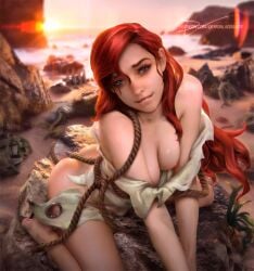 1girls ariel ass barefoot beach biting_lip blue_eyes demonlorddante disney disney_princess feet female kneeling large_breasts long_hair medium_breasts nipples photorealism photorealistic realistic red_hair rope royalty seaside skinny solo teenager the_little_mermaid toes water