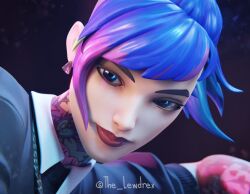 1girls 3d blender blue_eyes bottomwear close-up clothed clothing ear_piercing earrings face_focus female fortnite lewdrex light-skinned_female light_skin looking_at_viewer multicolored_hair on_stomach seductive seductive_look seductive_smile solo solo_female solo_focus stryder_(fortnite) tattoo two_tone_hair twyn_(fortnite) watermark