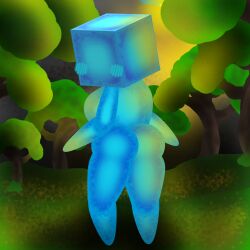 1girls background background_sky blevin blue_body blush blushing_at_viewer cube exposed_ass exposed_breasts female female_focus female_only fortnite fortnite:_battle_royale kevin kevin_the_cube looking_at_viewer looking_back looking_back_at_viewer sun sunlight trees