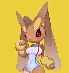 anthro big_breasts blush bunny bunny_ears bunny_girl drunkoak female female_focus female_only fluffy_ears generation_5_pokemon latex latex_suit lopunny mammal nintendo pokémon_(species) pokemon pokemon_(species) pokemon_bw red_eyes sweatdrop yellow_background