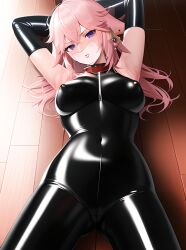 ai_generated arms_tied blush bondage gag gagged genshin_impact latex latex_suit looking_at_viewer pink_hair purple_eyes stable_diffusion tape_gag yae_miko