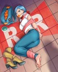 1girls angry arms_tied_behind_back ball_gag blue_eyes blue_hair bondage boots breasts bulma_briefs capsule_corporation_logo dragon_ball dragon_ball_(object) dragon_ball_super dragon_ball_z dragon_radar duffel_bag earrings gag gagged high_heel_boots jeans large_breasts legs_tied lostonezero midriff milf navel on_floor red_scarf scarf shirt short_hair solo tape tape_bondage tile_floor white_shirt