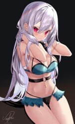 1girls black_background black_panties blue_bra bra breasts female female_only highleg highleg_panties lingerie long_hair looking_at_viewer medium_breasts microskirt midriff navel original panties red_eyes revealing_clothes showgirl_skirt silver_hair sinobi_illust sitting skimpy_clothes skirt