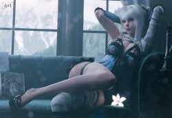 brown_eyes kaine_(nier) nier_replicant silver_hair sitting sixplusone sofa white_hair