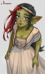 1girls angy_(sasha_khmel) black_hair blush dress earrings female female_only goblin goblin_female green-skinned_female green_skin grey_background hairband hi_res long_fingernails long_hair looking_at_viewer pointy_ears red_highlights roxxxan smiling smiling_at_viewer solo viewed_from_above