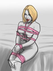 ball_gag blonde_hair bondage bound bound_legs bound_wrists corset emma_frost frelncer gagged marvel marvel_comics panties_around_leg panties_down tied_up white_queen x-men