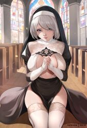 1girls big_breasts black_and_white_clothing blue_eyes blush boob_window breasts church cleavage exlic female female_only indoors inner_sideboob kneeling lace lace-trimmed_thighhighs large_breasts looking_at_viewer nier nier:_automata nun on_floor short_hair silver_hair solo thighhighs yorha_2b