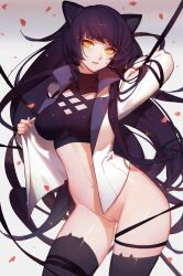 blake_belladonna bottomless breasts cat_ears faunus female kyomon looking_at_viewer navel open_clothes rwby songjikyo thighhighs vagina yellow_eyes