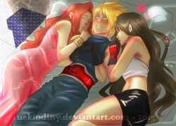 1boy 2girls aerith_gainsborough blonde_hair blue_eyes blush clothed cloud_strife cute female final_fantasy final_fantasy_vii final_fantasy_vii_remake girl_sandwich gloves long_hair male on_bed pink_dress sandwiched short_skirt sleeping sweet tifa_lockhart uekiodiny uniform