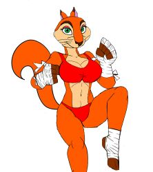 akatsukishiranui-fox alluring andie_(the_nut_job) anthro athletic_female big_breasts bikini cleavage edit female fit_female fur green_eyes hi_res pin_up red_squirrel smile solo squirrel stripes tail the_nut_job traced