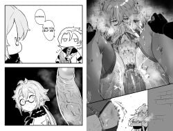 1girls 2boys aether_(genshin_impact) albedo_(genshin_impact) animal_ears belly_bulge big_penis black_and_white blush genshin_impact glasses hands_on_mouth okpriko paimon_(genshin_impact) pleasured pubic_hair sex sucrose_(genshin_impact) thick_thighs