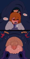 anal anal_sex anus ass balls bed blanket blush captain_kirb female laying_down moaning moaning_in_pleasure naked peacock_(skullgirls) penetration penis petite pussy red_hair sex skullgirls steamy_breath sweat under_blanket under_covers visible_breath young