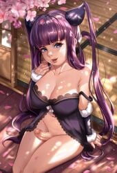 1futa balls bangs big_breasts big_penis bottomless breasts cleavage clothed clothing curvy curvy_figure curvy_futa curvy_hips detailed_background erection exlic fate/grand_order fate_(series) futa_only futanari high-angle_view human light-skinned_futanari light_skin lingerie long_hair looking_at_viewer partially_clothed penis purple_eyes purple_hair sakura_tree solo solo_futa tree twintails yang_guifei_(fate/grand_order)