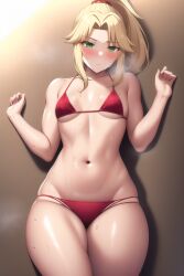 1girls ai_generated beach bikini blonde_hair blush breasts embarrassed fate/apocrypha fate/grand_order fate_(series) female green_eyes medium_hair mordred_(fate) mordred_(swimsuit_rider) nai_diffusion navel outdoor outdoors ponytail red_bikini small_breasts stable_diffusion tan tan-skinned_female tanned_skin