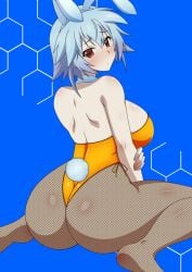 ass ass_focus big_breasts blue_background blush bunny_ears bunny_girl bunny_tail bunnysuit fishnets holding_elbow infinite_stratos looking_back_at_viewer orange_bunnysuit red_eyes sarashiki_tatenashi short_blue_hair sitting space_gorilla