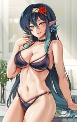 1girls bikini black_bikini breasts female foxy_rain_(foxyreine) foxyrain_(foxyreine) foxyreine green_hair hips large_breasts light-skinned_female light_skin long_hair oc orange_eyes original original_character pointy_ears slim_waist thick_thighs thighs wide_hips