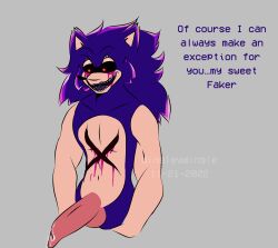 anthro blood_on_face blue_fur cleetusnsfw crystal large_penis lustful_gaze mobian_(species) muscular muscular_male pink_blood sonic.exe sonic.exe_(character) text watermark x_scar xenophanes_sonic