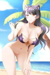 animal_ears beach bikini_top_only blake_belladonna bottomless breasts cat_ears faunus kimmy77 looking_at_viewer navel palm_tree rwby vagina yellow_eyes