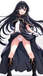 ai_generated black_hair blue_eyes blush boots cape chloe_aubert clothes_lift dress dress_lift female female_focus full_body gloves hand_up highres lifted_by_self long_hair looking_at_viewer open_mouth original panties short_dress simple_background smile socks solo stable_diffusion standing underwear upscaled waifu2x white_background white_gloves white_panties