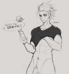 1boy 1girls abs angry blade_(bladechan28) bladechan28 blush english_text horny_female leo_(mlg420bonghitz) lifting_shirt looking_at_phone monochrome muscular_male original phone sigh smartphone solo_male speech_bubble text undressing