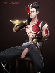 black_hair chair lawwclair league_of_legends league_of_legends:_wild_rift male male_only red_eyes rope tattoo white_hair zed