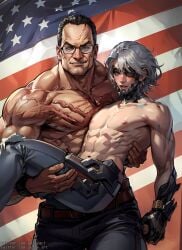 2boys ai_generated american_flag bara black_hair blue_eyes bruh carrying carrying_partner couple cute_male eyepatch gay glasses gloves lifting metal_gear metal_gear_rising metal_gear_rising:_revengeance muscular muscular_male patriotism puffyart raiden_(metal_gear) senator_armstrong shirtless shirtless_male size_difference smile smirk topless topless_male twink white_hair yaoi