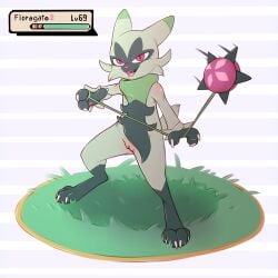 anthro atane27 digital_media_(artwork) female floragato fur genitals green_body green_fur nintendo nude open_mouth pokémon_(species) pokemon pokemon_sv pussy simple_background solo tail video_games