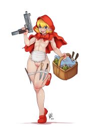 1girls apron b.b._hood baby_bonnie_hood blonde_hair blue_eyes blush bulleta capcom cape casual clothing darkstalkers exposed_breasts exposed_pussy fat_mons female female_only female_solo firearm flat_chest footwear front_view grenade gun handgun hi_res hood human knife knives legwear looking_at_viewer mostly_nude navel nerdbayne nipples open_mouth outerwear pale_skin picnic picnic_basket puffy_pussy pussy red_hood sharp_teeth shoes short_hair simple_background smile solo standing_on_one_leg teenage_girl teenager thick_thighs weapon white_background wide_hips young