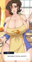 apron big_breasts blue_shirt blush blushing_at_viewer brown_hair cleavage cleavage_overflow clothing dialogue female full_lips hair_up huge_breasts human large_breasts looking_at_viewer massive_breasts milf mommy_kink mother_(pokemon_sv) outerwear pale_skin panties pokemon pokemon_sv solo speaking_to_viewer spookiebuni thick_ass thick_thighs visible_underwear wide_hips