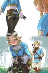 1girls 2022 ass big_ass big_breasts big_butt blonde_hair blue_sky body_paint bodypaint boots breasts breath_of_the_wild censored_pussy cloud clouds dat_ass embarrassed female green_eyes humanoid hylian link link_(breath_of_the_wild) long_hair male monbetsu_kuniharu nintendo painted_butt painted_clothes pale_skin princess_zelda pussy pussy_peek shiny_ass shiny_butt shiny_hair shiny_skin shoes sweat sweatdrop sweating sweaty_body the_legend_of_zelda tree trees upset worried worried_expression yellow_hair zelda_(breath_of_the_wild)