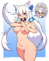 >_< 1girls absurdres animal_ears awoo blue_eyes blush breasts female hair_ribbon highres indie_virtual_youtuber light-skinned_female light_skin long_hair looking_at_viewer lumi_(merryweather) mouth_hold multiple_views navel nude pussy ribbon satelyte solo tail very_long_hair virtual_youtuber white_hair wide_hips wolf_ears wolf_girl wolf_tail