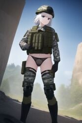 1girls ai_generated female female_only grey_eyes military military_helmet military_uniform nai_diffusion original solo stable_diffusion tactical_gear tactical_vest white_hair