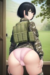 1girls ai_generated black_hair female female_only hazel_eyes military military_uniform nai_diffusion original panties solo stable_diffusion tactical_gear tactical_vest