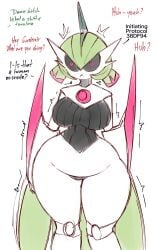 breasts dialogue english_text female female_pokemon imminent_rape imminent_reverse_rape iron_valiant offscreen_characters paradox_pokemon pokémon_(species) pokemon red_eyes robot robot_girl rule_63 saltyxodium thick_thighs wide_hips