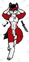 bat canine dakimakura flaccid googles green_eyes knife looking_at_viewer male nude okami23_(artist) penis red_fur solo tail wolf