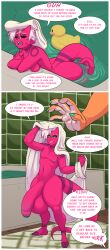 balls bathtub big_balls big_penis comic dialogue femboy genitals hi_res hooves huge_balls huge_cock humanoid hung_trap imp male mr.pink nipples nude partially_submerged penis pwink size_difference smaller_male tail thick_thighs towel water