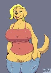 2022 absurd_res anthro areola big_breasts bird_dog blonde_hair breasts canid canine canis domestic_dog female genitals golden_retriever hair hi_res huge_breasts hunting_dog mammal mossist namie_(mossist) nipples pussy retriever simple_background solo tail