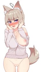 1girls blush bottomless bottomless_female burritodoge dog_ears dog_girl dog_tail embarrassed female female_only large_breasts looking_away one_breast_out one_breast_out_of_clothes purple_eyes standing sweater sweater_only tail