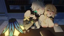 1boy 1girls alhaitham_(genshin_impact) biting_lip blonde_hair breasts_on_table clothed_male_nude_female clothes_removed drooling genshin_impact green_eyes grey_hair hair_flower hair_over_one_eye ia_(ias1010) implied_sex lamp lumine_(genshin_impact) saliva squeezing_cheeks wrist_grab