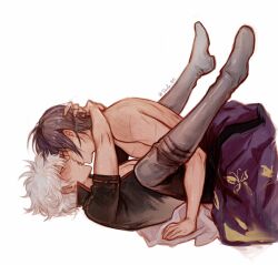 2boys arm_around_neck blush boots closed_eyes clothed clothed_sex clothing deng_810 drooling embrace feet_up french_kiss gay gintama gintoki_sakata hand_on_another's_head hi_res implied_anal implied_sex kimono kissing legs_up looking_at_another male male_only mating_press messy_hair missionary_position off_shoulder on_back profile purple_hair scars scratches silver_hair sweat takasugi_shinsuke topless_male white_hair yaoi